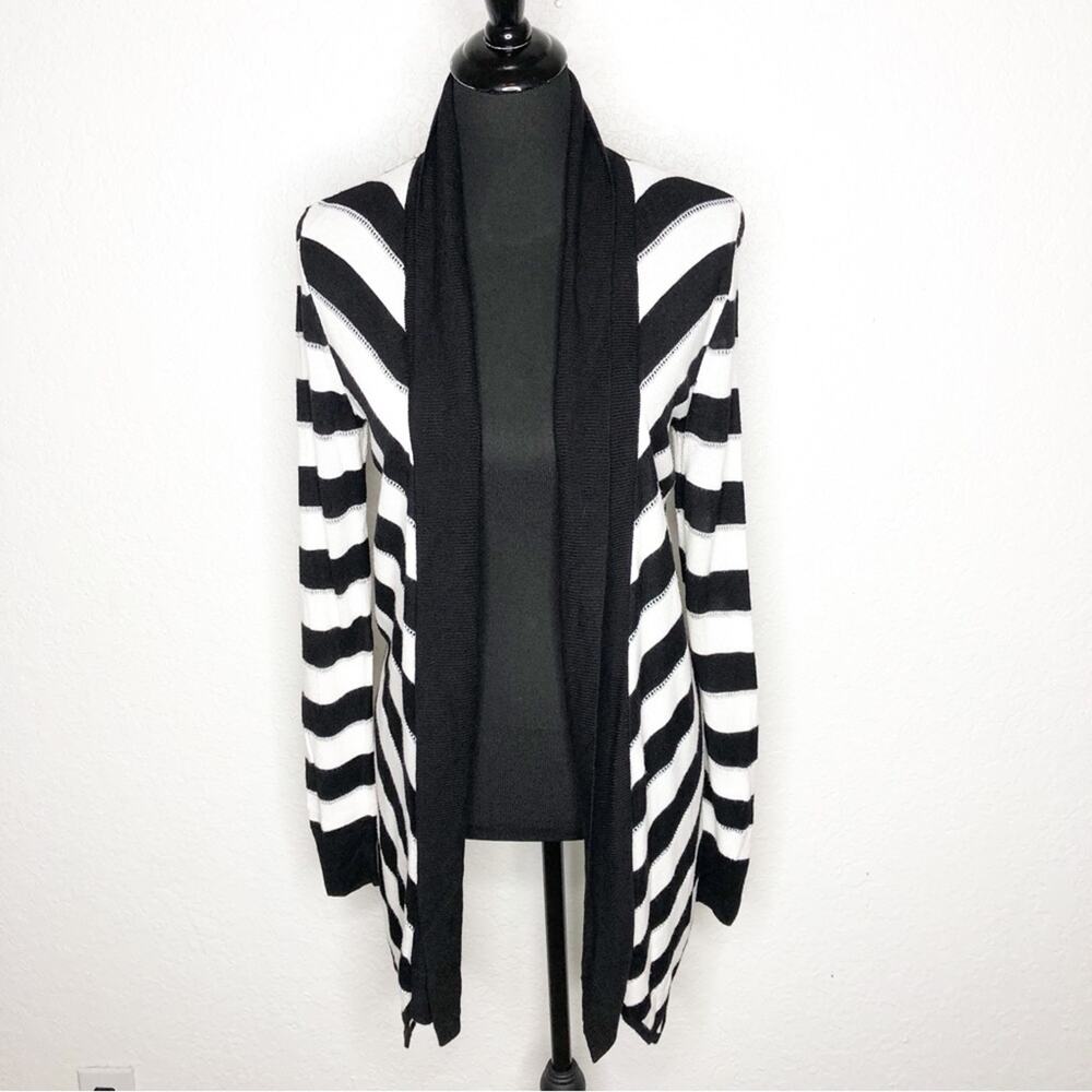 WHBM black white silver striped open‎ front draped cardigan size Medium